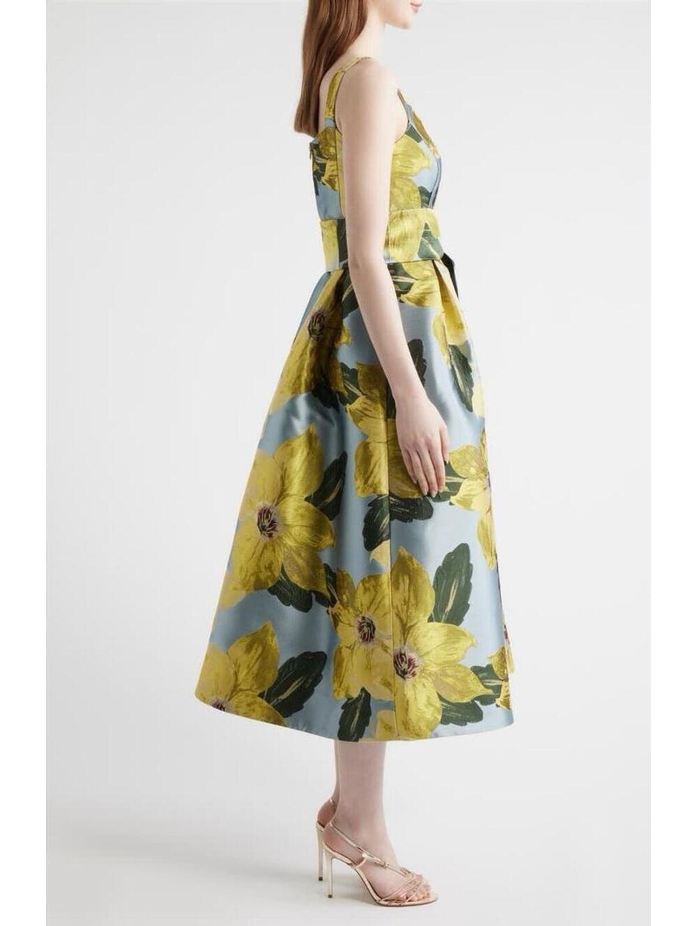 New Julia Jordan Floral Jacquard Midi Cocktail Dress In Yellow Blue Multi Sz 10 - Picture 3 of 14